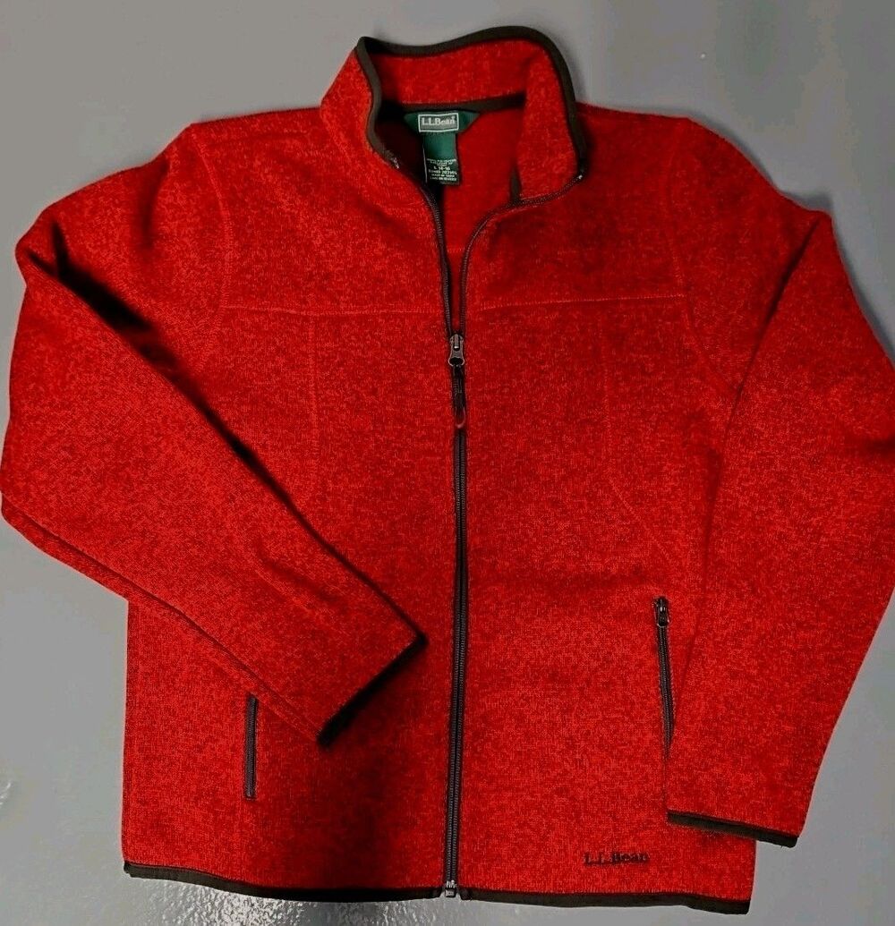 LL Bean Red Zip Up Sweater Fleece Jacket Unisex Sz ( Lg 12-14)